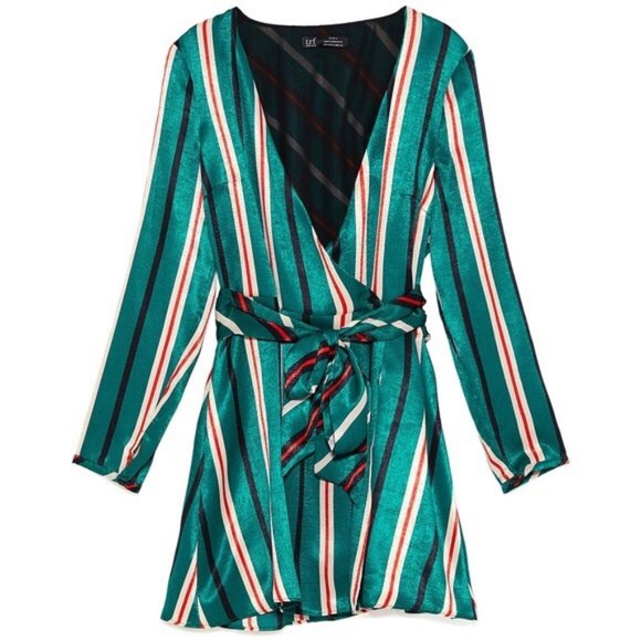 Zara Silk Green Red Striped Wrap Romper | Sz M - Picture 2 of 6